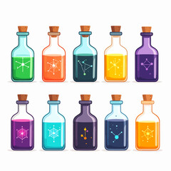 Vibrant magic potion bottles with cork stoppers and glowing geometric symbols.