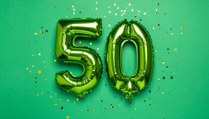 Green balloon number 50 with confetti on solid colored background. Photo for anniversary or birthday party
