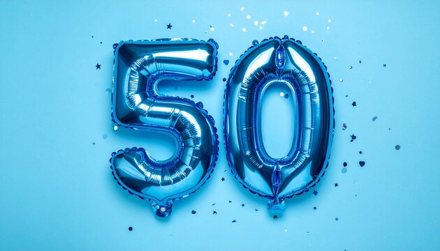 Blue balloon number 50 with confetti on solid colored background. Photo for anniversary or birthday party