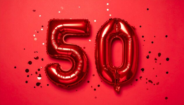Red balloon number 50 with confetti on solid colored background. Photo for anniversary or birthday party