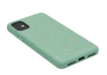Isolated phone case featuring gold pattern on light green, trendy accessory design