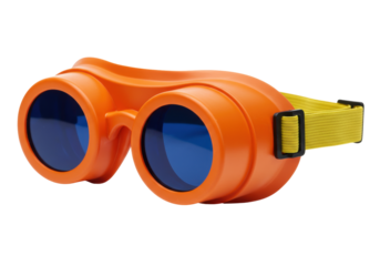 Isolated Orange Goggles with Blue Lenses and Yellow Strap for Costume or Industrial Safety Use