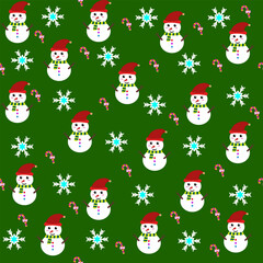 Christmas seamless pattern with snow man,snow flakes ,Christmas stick on green background good for wallpaper,fabric and wrapping paper, party decoration	