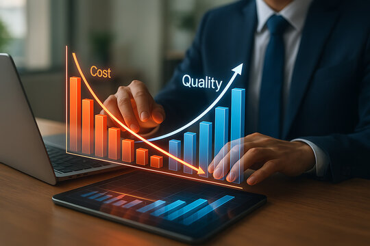 Business analysis of cost reduction and quality improvement on digital bar graph for corporate financial growth strategy