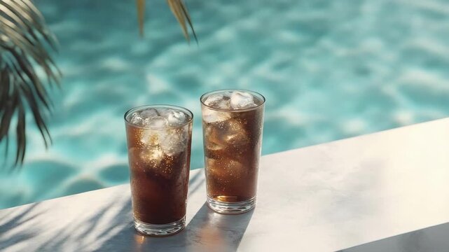 Two tall glasses of iced drinks on a poolside ledge, with palm shadows and a blue pool in the background.
