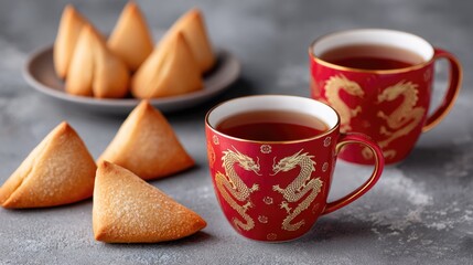 Elegant tea time with red cups featuring golden dragon motifs and asian sweets