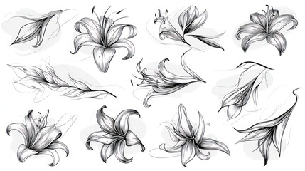 Elegant lily flower sketches showcase intricate details and graceful forms.