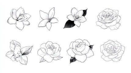 Delicate floral sketches showcase varied petal formations and leaf details.