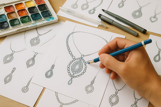 Jewelry designer hand drawing necklace artwork with gemstone pendant sketches and creative design illustrations on desk workspace