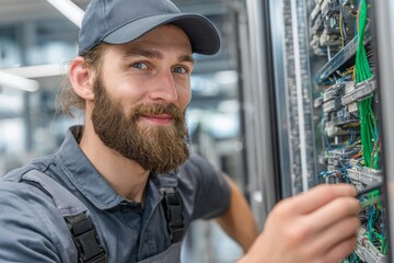Portrait of a smiling bearded technician in a cap working with electrical equipment, installing cables in a server room, ensuring optimal performance and reliability.