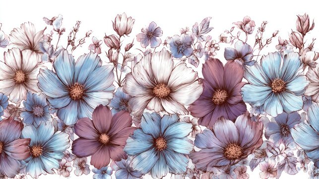 Delicate flowers in muted blues and purples create a charming border.