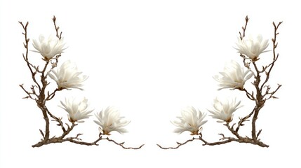 Delicate white magnolia blossoms adorn branches against a pure white background.