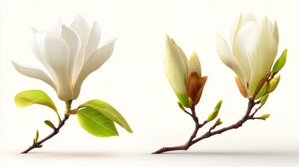 Delicate white magnolia flowers bloom on branches against a soft white background.