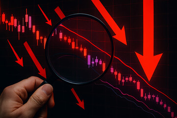 Economic downturn illustrated with red arrow drops and magnifying glass analyzing stock market losses and trading risk