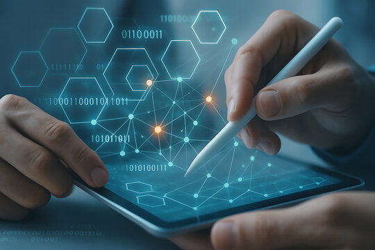 Innovative computing design showing user stylus interaction with holographic data communication analytics and global digital visualization