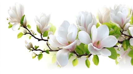 Obraz premium White magnolia blossoms on a branch with green leaves.