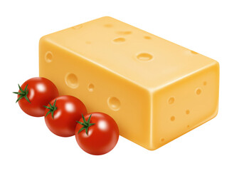 Isolated cheese block with fresh tomatoes, healthy food, Swiss cheese, holey cheese style