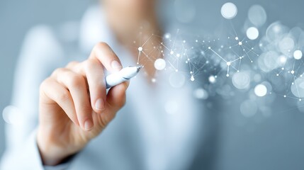 Hand Holding Pen Generating Glowing Tech Network: Digital Creation Scene