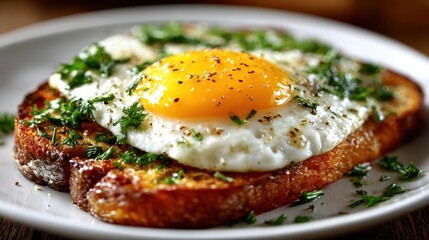 Sunny side up egg rests on toast, garnished with fresh parsley and pepper. Perfect for breakfast menus or healthy recipe blogs and food related designs.