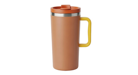 Isolated drinking tumbler with handle, brown color, stainless steel rim, for coffee or tea