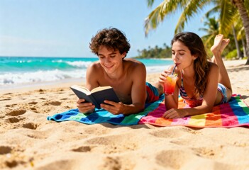 Young couple relaxing on a tropical beach, with the man reading a book and the woman sipping a cocktail on colorful towels. Ideal for summer vacation, leisure, and travel lifestyle themes.