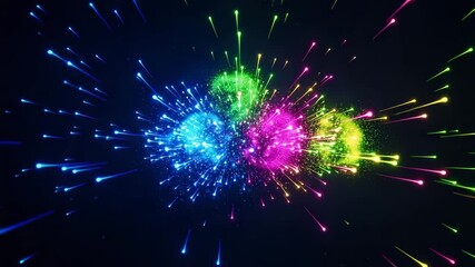 Abstract glowing particle explosion on dark background with colorful light trails - Powered by Adobe