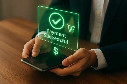 Mobile payment confirmation with glowing digital hologram showing transaction success and secure online checkout process