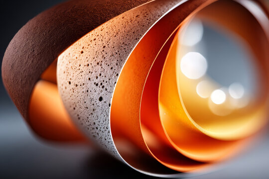 Abstract composition of layered textured orange and gray paper waves with glowing light bokeh minimal elegant geometric background for modern design