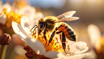 Naklejka premium Close-up Macro Shot of a Honey Bee Gathering Pollen from a White Flower During Golden Hour Sunlight
