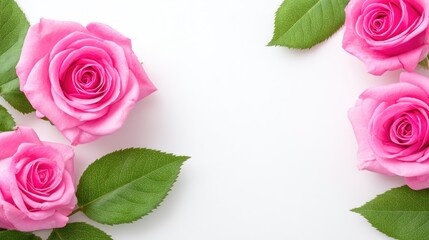 Pink roses and green leaves form a decorative border on white.