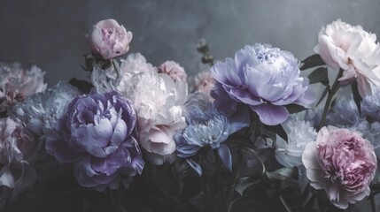 Pastel peonies in a dark floral arrangement showcase delicate beauty.