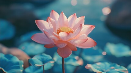 Delicate pink lotus flower opens its petals in soft morning light.