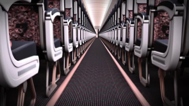 Airplane aisle with modern economy seat layout, patterned upholstery, armrest tray, moody warm lighting and soft ambient mood conveying calm