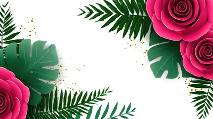 Pink roses and green foliage adorn a white background with gold accents.