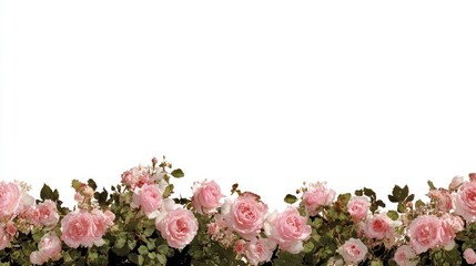 Delicate pink roses bloom along the bottom of a white background.