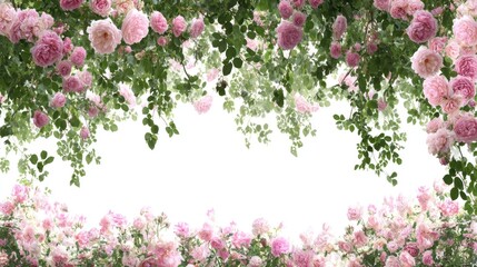 Delicate pink roses and lush green leaves form a floral archway.