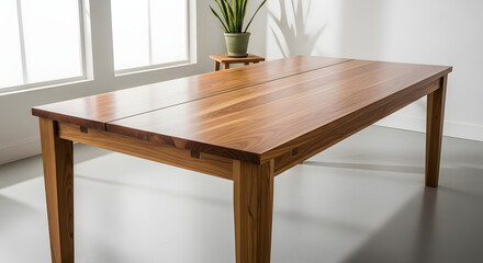 A beautifully crafted minimalist wooden dining table with fine joinery details stands in a bright modern room next to a window