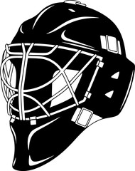 Goalie mask silhouette. This image shows a black silhouette of a goalie mask with white lines representing the cage and structure of the mask. Vector clipart illustration design