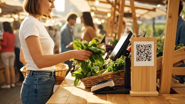 A woman reaching for produce at a market stall with a QR code. Other people and produce are visible