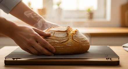 A person places a steaming hot freshly baked round loaf of artisan sourdough bread onto a cooling rack in a kitchen