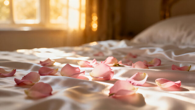 Pink and white rose petals are scattered across luxurious white silk sheets on a bed, illuminated by warm, dramatic sunset light filtering through a window.