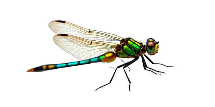Dragonfly with iridescent green body and transparent wings. Detailed macro insect illustration isolated on transparent background