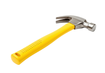 Isolated claw hammer with yellow handle, construction tool for driving or removing nails