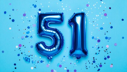 Blue balloon number 51 with confetti on solid colored background. Photo for anniversary or birthday party