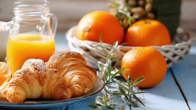 Breakfast table with croissants, orange juice, coffee, and oranges on a blue plate.