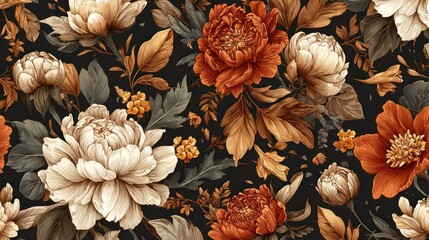 Autumnal floral pattern featuring peonies and leaves on a dark background.