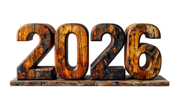 Wooden block numbers forming 2026, minimal festive design isolated on transparent background, happy new year concept.