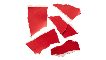 Pieces of red paper torn and scattered creating an abstract design with sharp edges and varied shapes on a transparent background