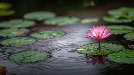 Single pink lotus flower blooms on a dark water surface.