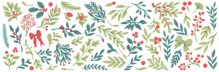 Cute hand-drawn set of winter elements. Nature vector illustration on Christmas theme. Great for website, postcard, invitation, advertising, banner or print.